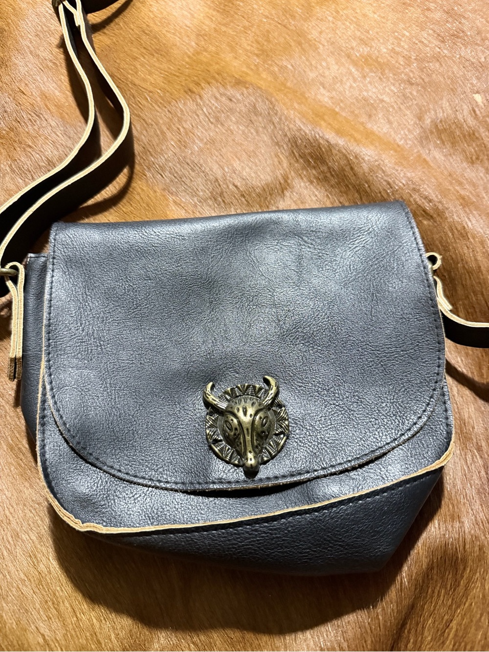 T-Shirt & Jeans Black Crossbody Bag with Brass Bull Head Accent